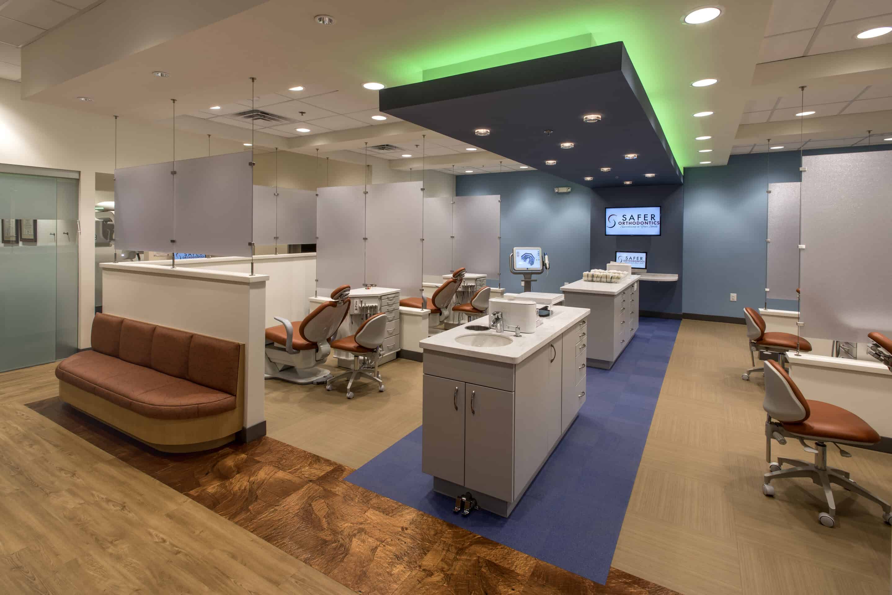 Modern dental office with examination chairs.