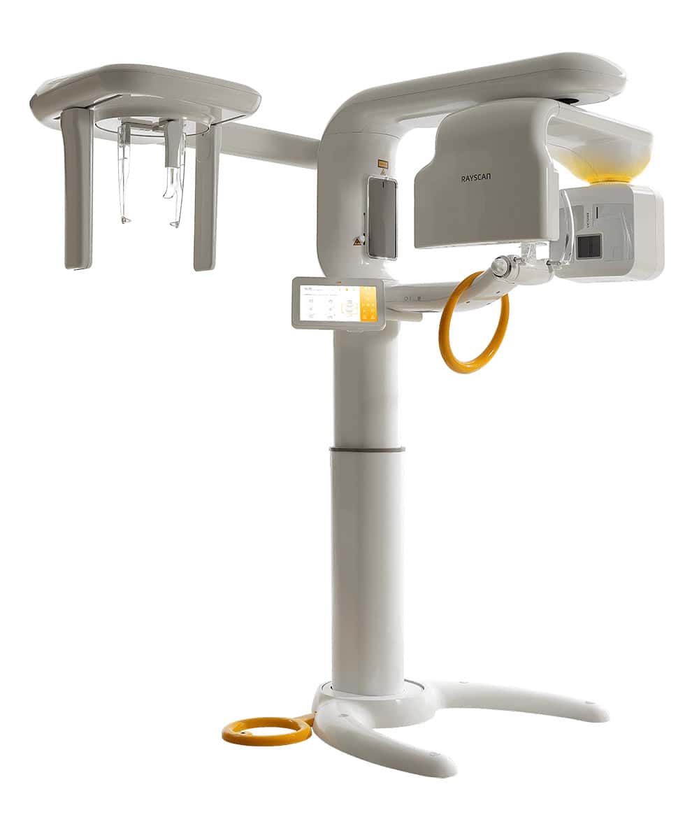 Dental panoramic X-ray machine on white background.